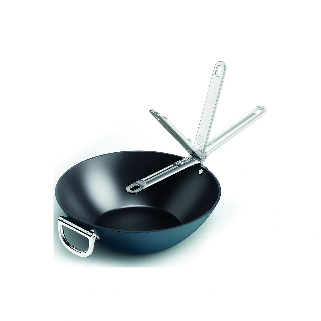 Wok de 36 cm en acero inoxidable con mango plegable y tapa