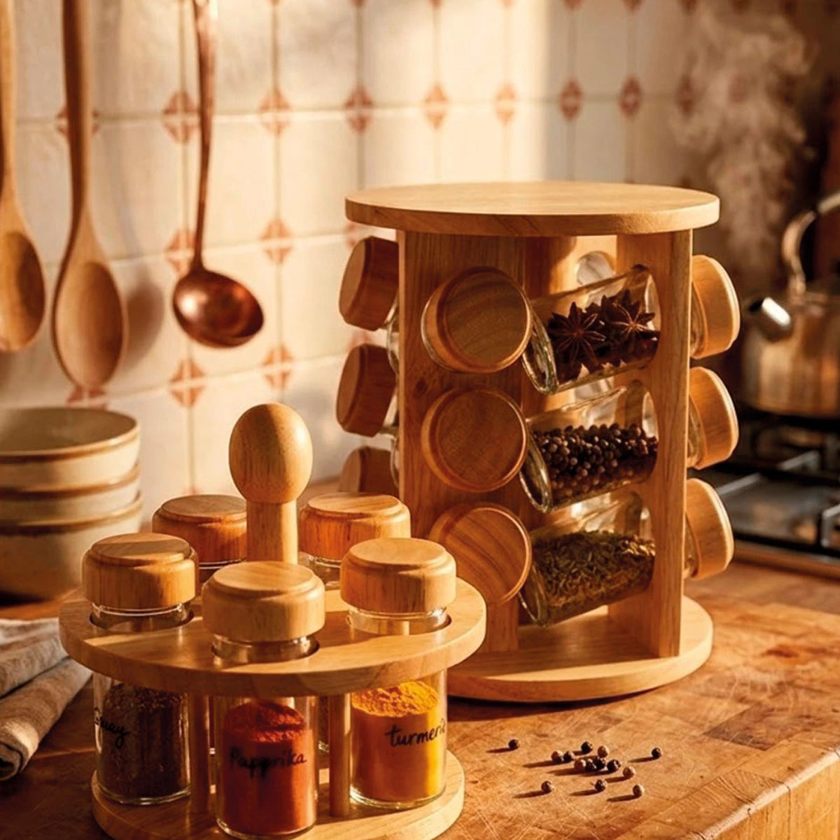 Set de 12 especieros con soporte giratorio de madera