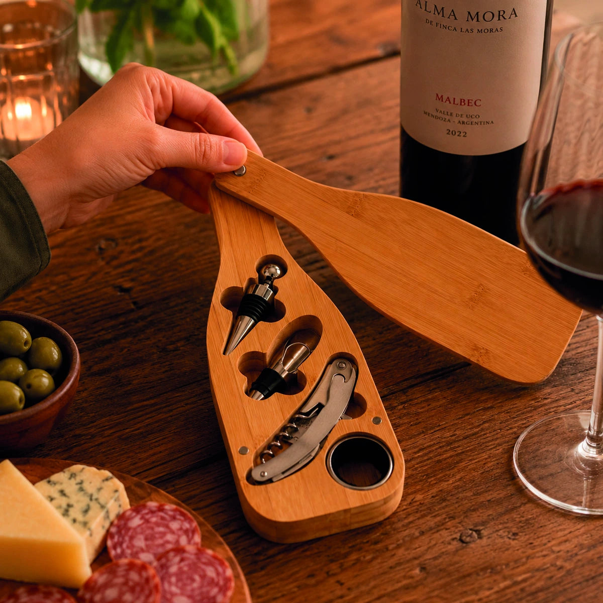 Set accesorios para vino caja de bamboo