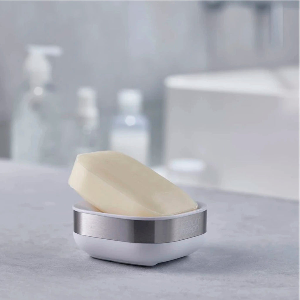 Jabonera compacta gris y blanca