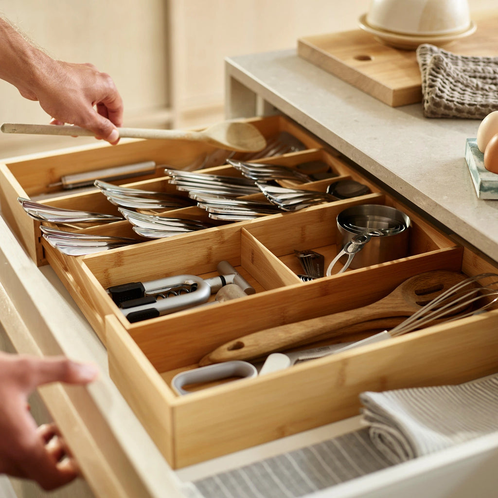 Organizador de cubiertos y utensilios extensible de Bambú