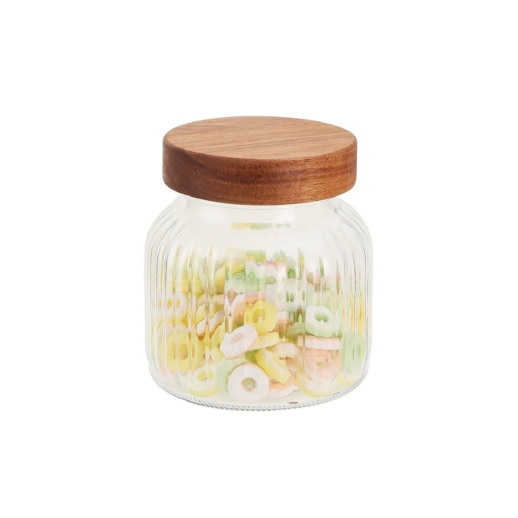 Recipiente de vidrio labrado con tapa de madera 500 ml