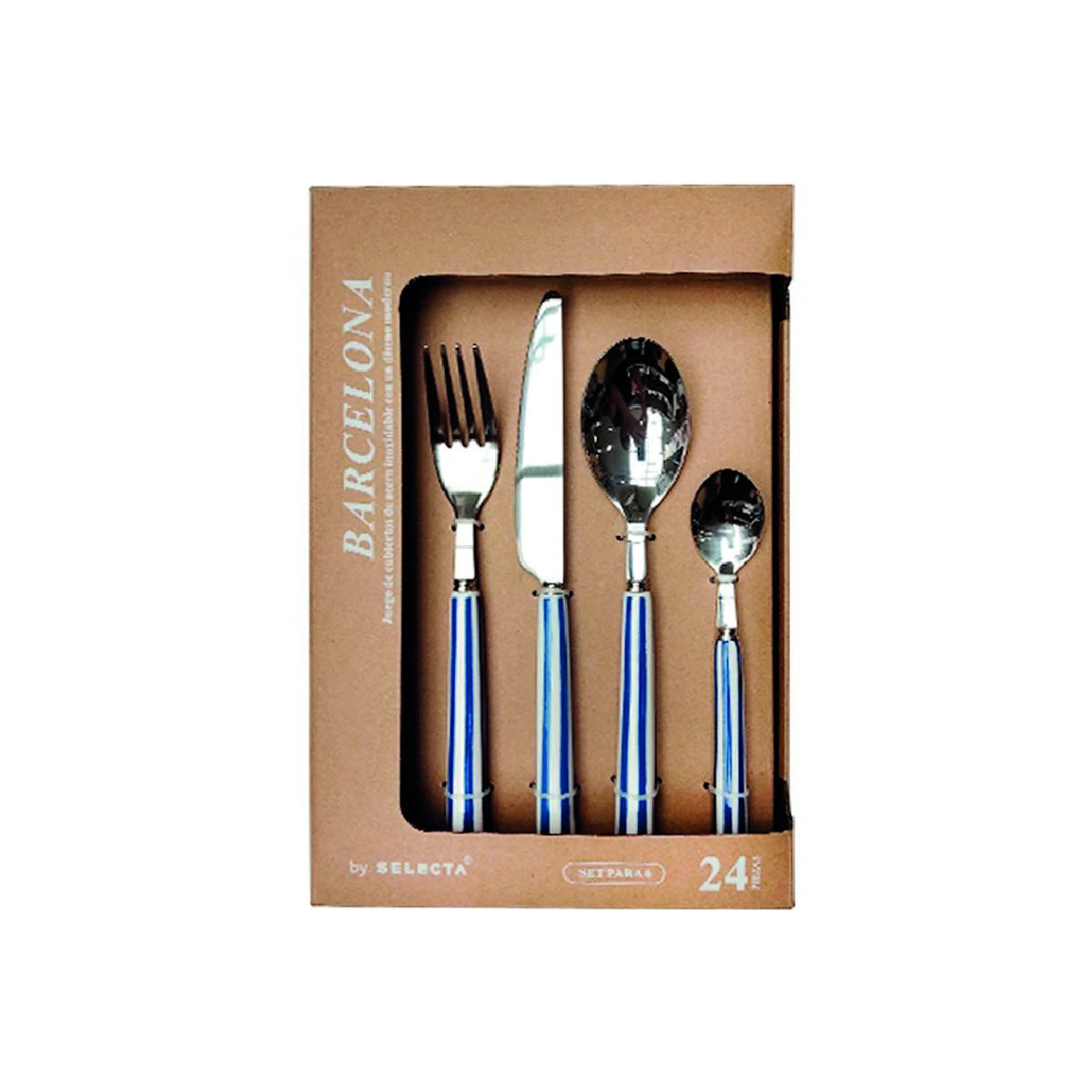 Set de 24 cubiertos mango a rayas azul y blanco