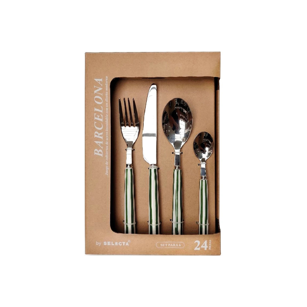 Set de 24 cubiertos mango a rayas verde y blanco