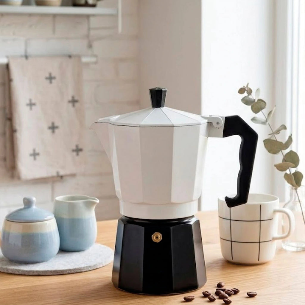 Cafetera Italiana 240ml Aluminio y Blanco